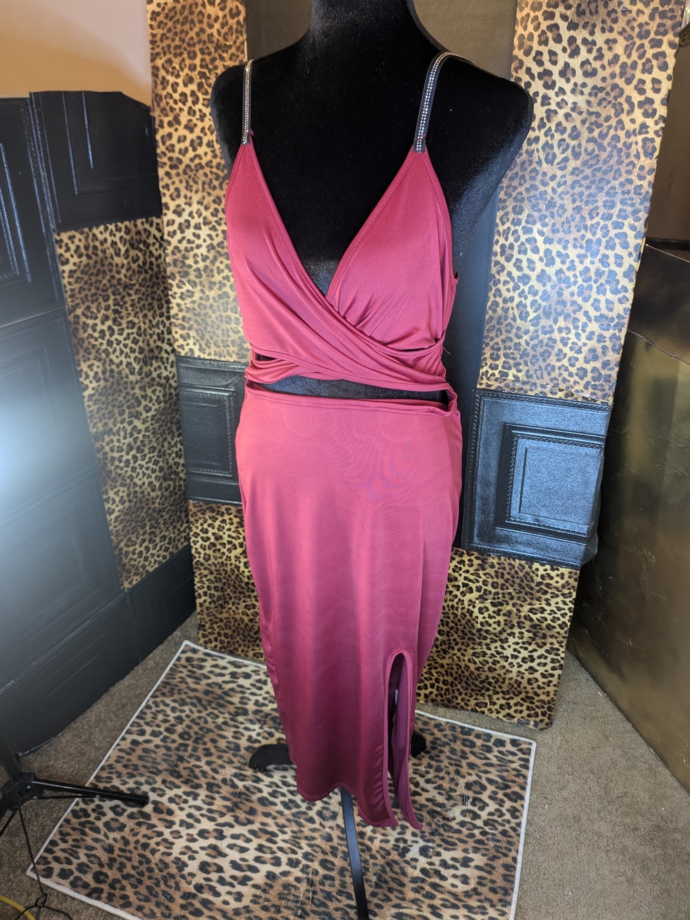 Sleeveless Burgundy Wrap Midi Dress with Slit